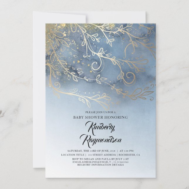 Dusty Blue and Gold Modern Elegant Baby Shower Invitation (Front)