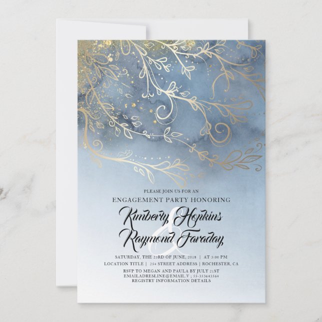 Dusty Blue and Gold Modern Engagement Party Invitation (Front)