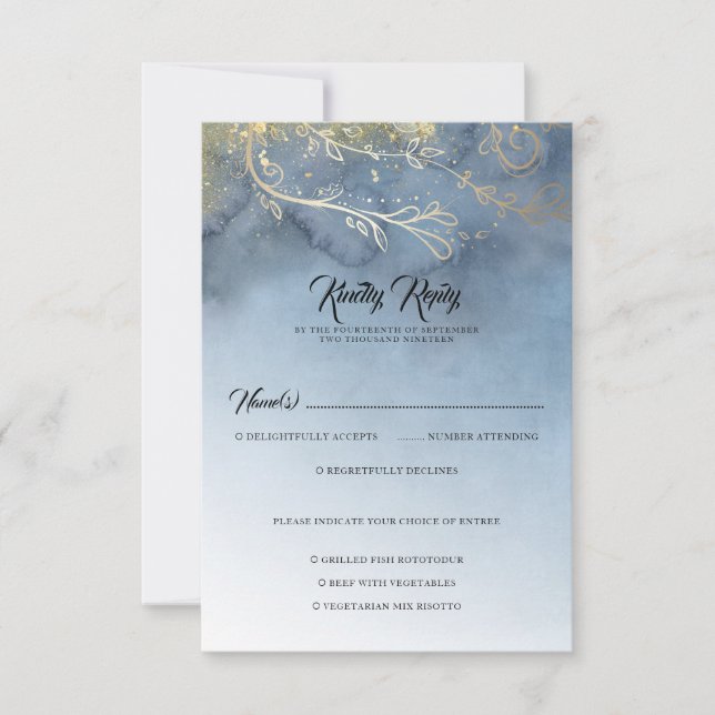 Dusty Blue and Gold Modern RSVP Card (Front)