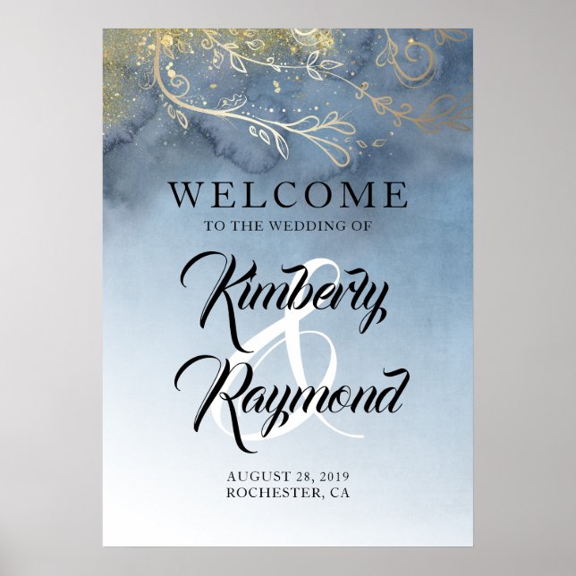 Dusty Blue and Gold Modern Wedding Welcome Sign (Front)