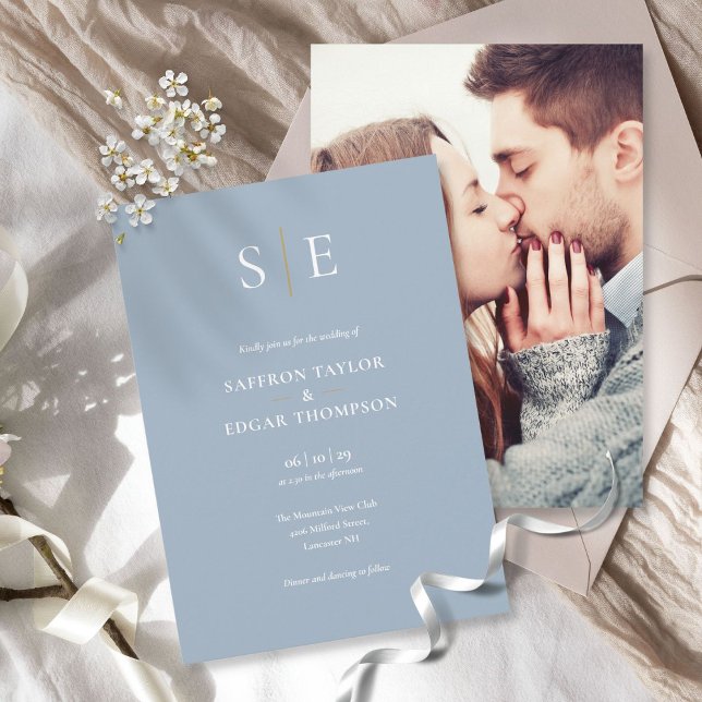 Dusty Blue And Gold Monogram Photo Wedding Invitation (Creator Uploaded)