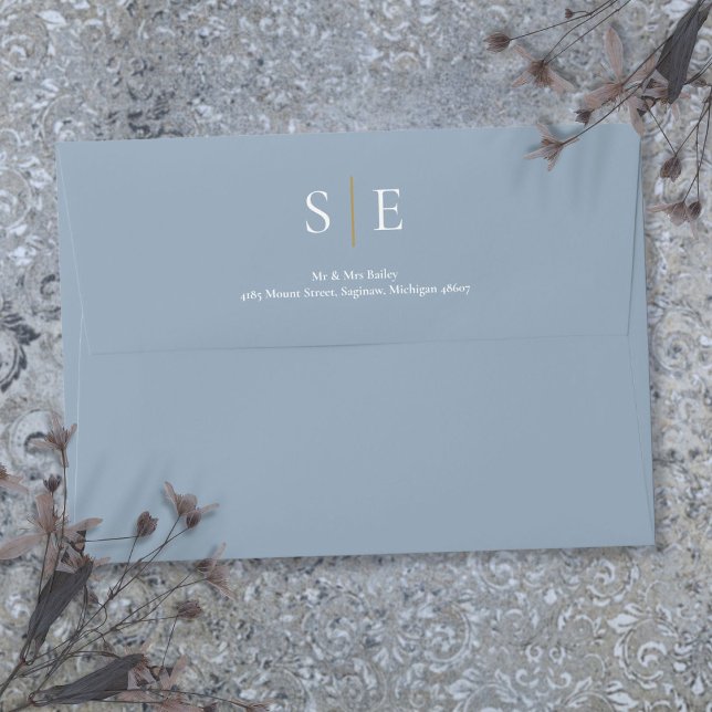 Dusty Blue And Gold Monogram Return Address  Envelope (Dusty Blue And Gold Monogram Return Address Envelope)