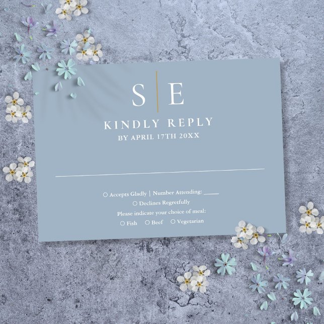 Dusty Blue And Gold Monogram Wedding RSVP Card (Dusty Blue And Gold Monogram Wedding RSVP Card)