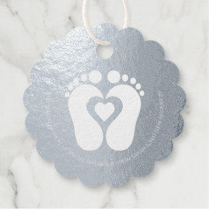 Dusty Blue and Gold or Silver Cute White Baby Feet Favour Tags