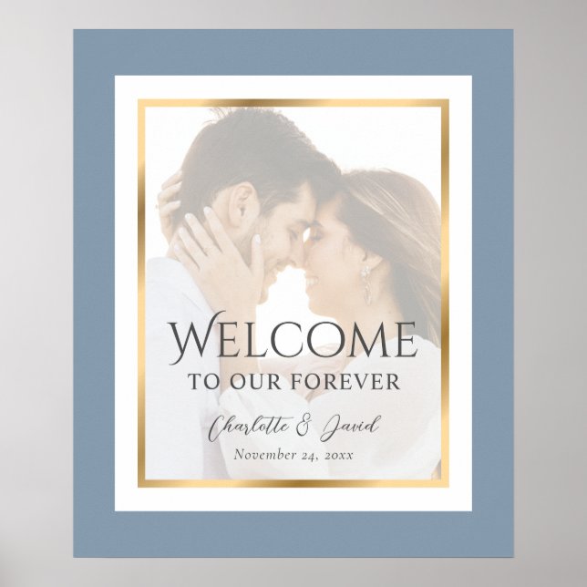 Dusty Blue and Gold Photo Wedding Welcome Sign (Front)