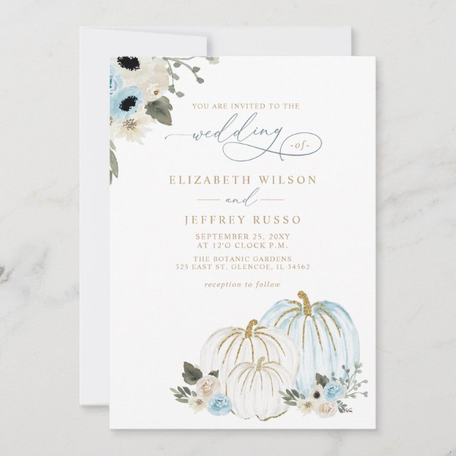 Dusty Blue and Gold Pumpkins Fall Wedding Invitation (Front)