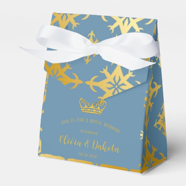 Dusty Blue and Gold Royal Crown Wedding  Favor Box (Front Side)
