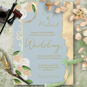 Dusty Blue and Gold Rustic Boho Floral Wedding Invitation