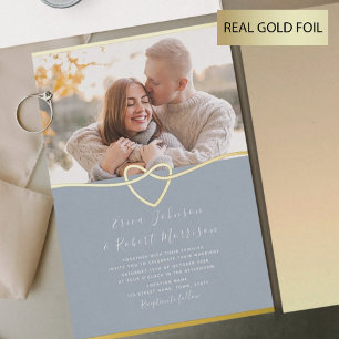 Dusty Blue and Gold Wedding Invitation with Photo
