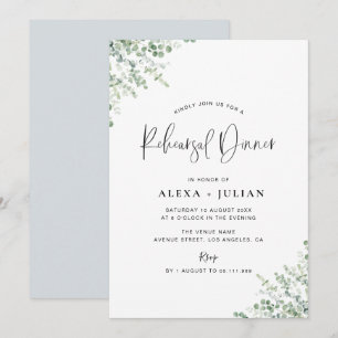dusty blue and greenery rehearsal dinner invitation