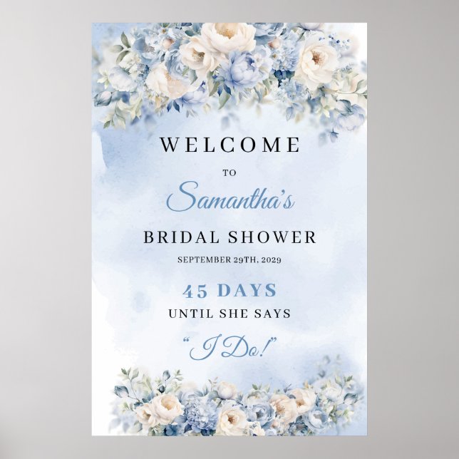 Dusty Blue and Ivory Bridal Shower count down Poster (Front)