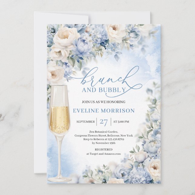 Dusty Blue and Ivory Flowers brunch and bubbly  Invitation (Front)