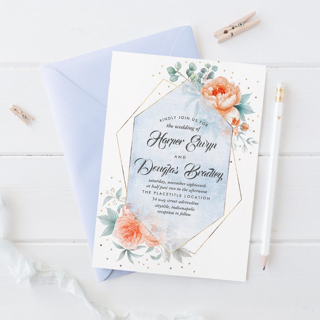 Dusty Blue and Living Coral Floral Modern Wedding Invitation (Creator Uploaded)