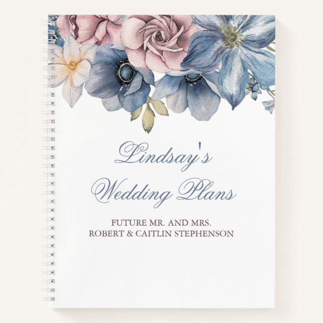 Dusty Blue and Mauve Floral Elegant Modern Notebook (Front)