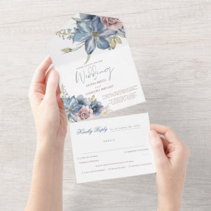 Dusty Blue and Mauve Floral Elegant Wedding All In One Invitation