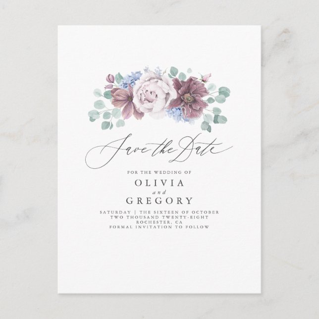 Dusty Blue and Mauve Floral Save The Date Card (Front)