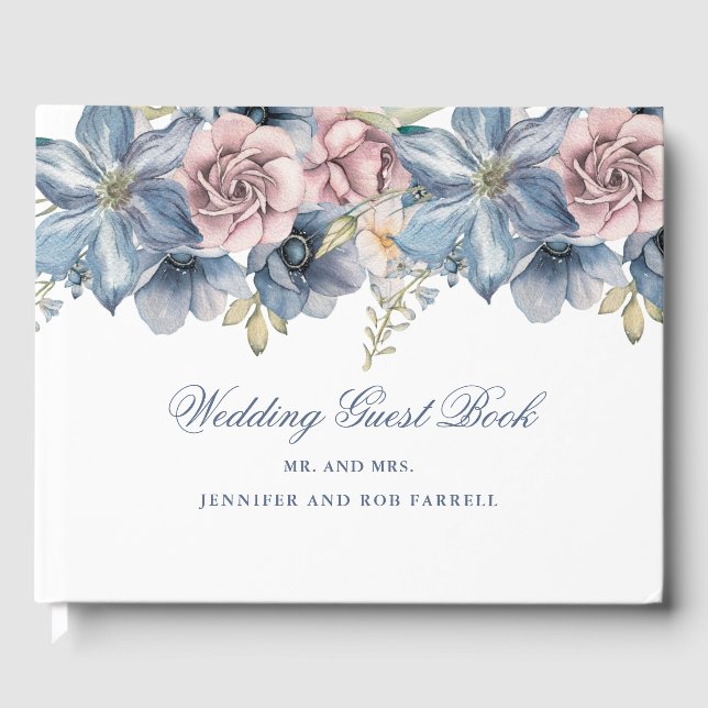 Dusty Blue and Mauve Floral Wedding Guest Book (Front)