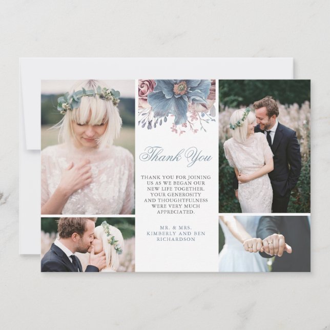 Dusty Blue and Mauve Floral Wedding Photos Invitation (Front)
