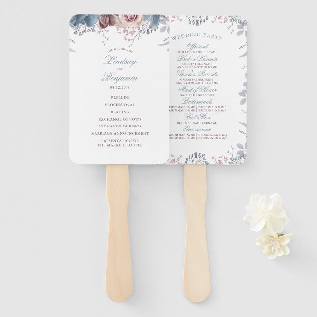 Dusty Blue and Mauve Floral Wedding Program Hand Fan (Front and Back)