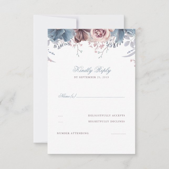 Dusty Blue and Mauve Floral Wedding RSVP Card (Front)