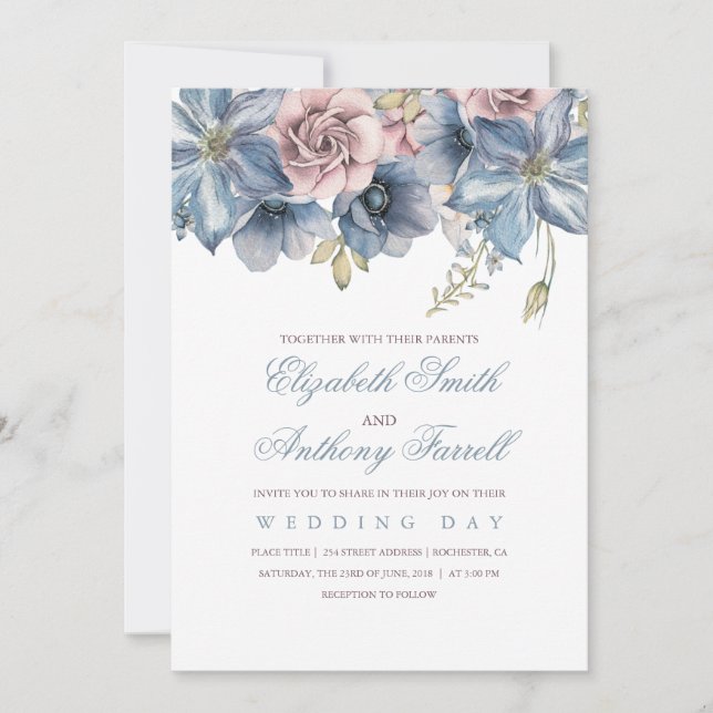 Dusty Blue and Mauve Watercolor Floral Wedding  Invitation (Front)