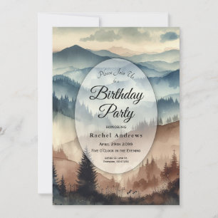 Dusty Blue and Mocha Brown Mountains Birthday  Invitation