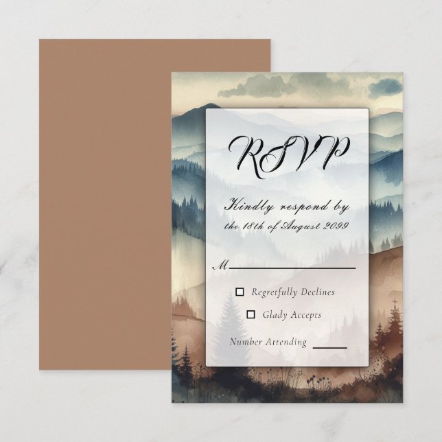 Dusty Blue and Mocha Brown Mountains RSVP Card (Front/Back)