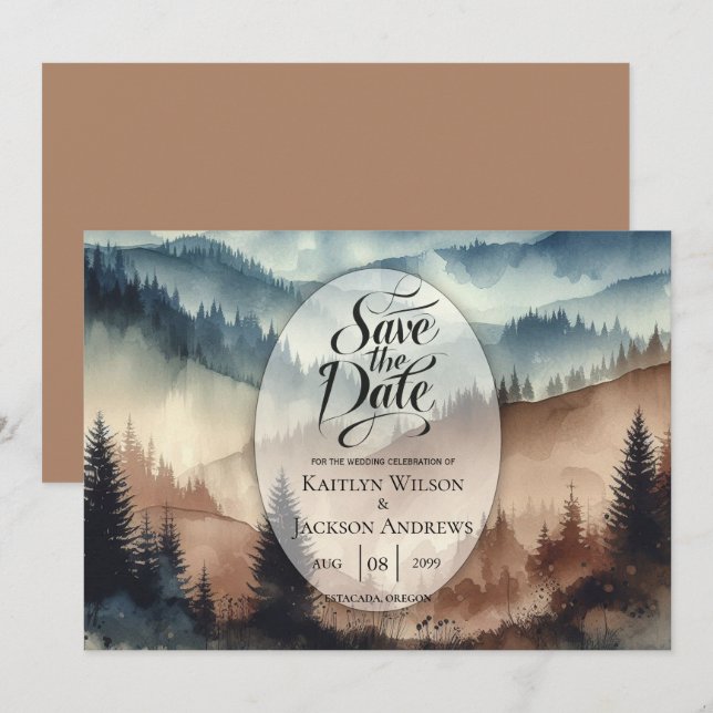 Dusty Blue and Mocha Brown Mountains Save The Date (Front/Back)