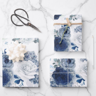 Dusty Blue and Navy Blue Flowers Elegant Botanical Wrapping Paper Sheet