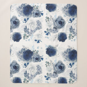 Dusty Blue and Navy Blue Flowers Elegant Stylish Sherpa Blanket