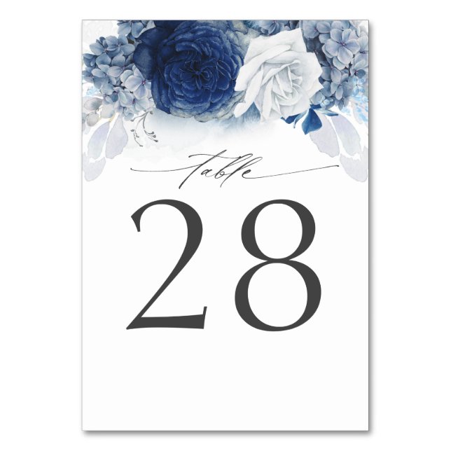 Dusty Blue and Navy Blue Wedding Table Number Card (Front)