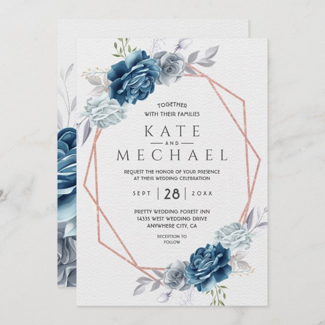 Dusty Blue and Navy Floral Elegant Invitation (Front/Back)