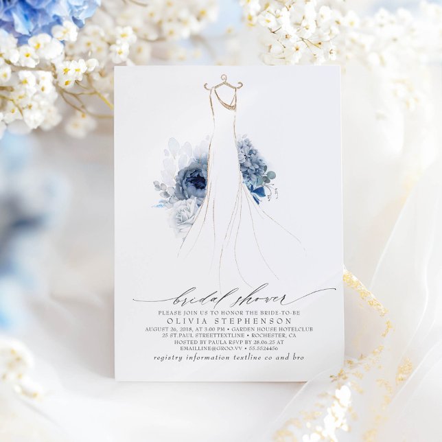 Dusty Blue and Navy Flowers Dress Bridal Shower Invitation (Dusty Blue Bridal Shower Invitation)