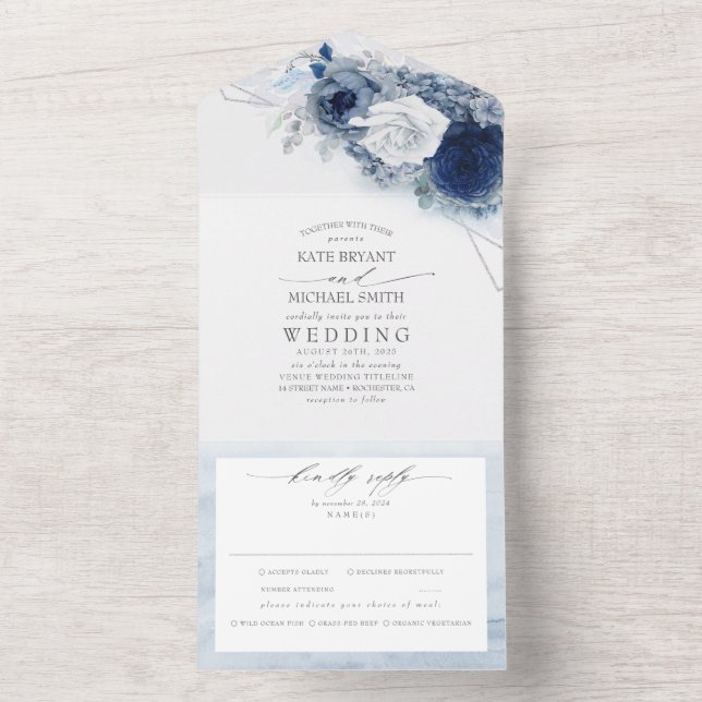 Dusty Blue and Navy Flowers Elegant Modern Wedding All In One Invitation (Inside)