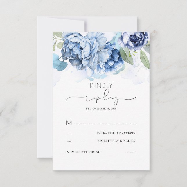 Dusty Blue and Navy Flowers Wedding RSVP (Front)