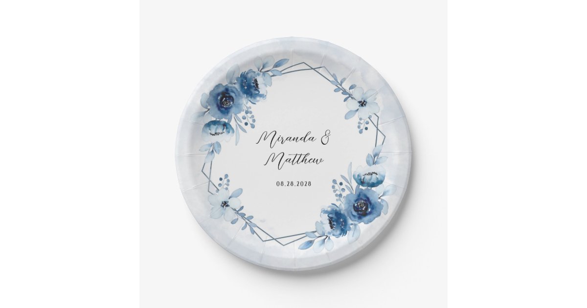 Dusty Blue and Navy Watercolor Floral Wedding Paper Plate | Zazzle