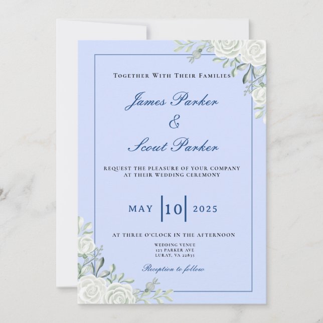 Dusty Blue and Navy Wedding  Invitation (Front)