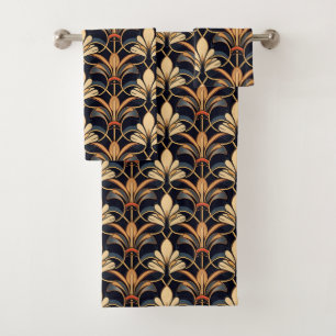 Dusty Blue and Orange Art Deco Bath Towel Set