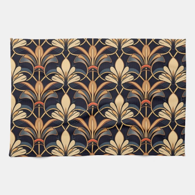 Dusty Blue and Orange Art Deco Kitchen Towel (Horizontal)