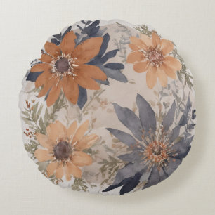 Dusty Blue and Orange Watercolor floral Round Pillow