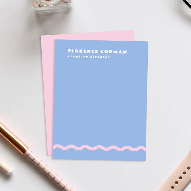 Dusty Blue and Pale Pink Wavy Frame Personal Thank You Card (soft periwinkle blue personal stationery note cards with shell pink backer and wavy line detail)