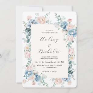 Dusty Blue and Peach Elegant Floral Wedding Invitation