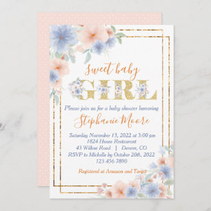 Dusty Blue and Peach Floral Baby Shower Invitation