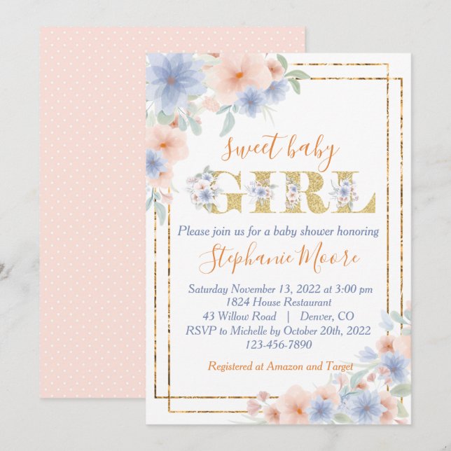 Dusty Blue and Peach Floral Baby Shower Invitation (Front/Back)