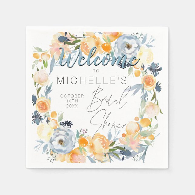 Dusty Blue and Peach Floral Bridal Shower  Napkin (Front)