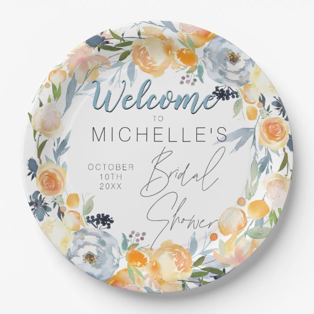 Dusty Blue and Peach Floral Bridal Shower Paper Plate (Front)