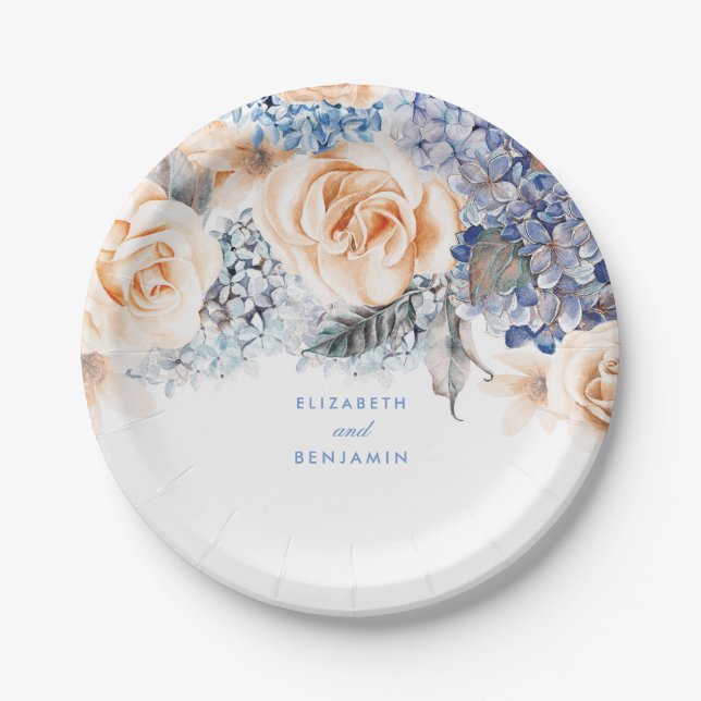 Dusty Blue and Peach Floral Elegant Wedding Paper Plate (Front)