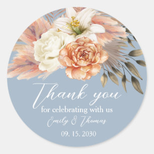 Dusty Blue and Peach Floral Wedding Thank You Classic Round Sticker