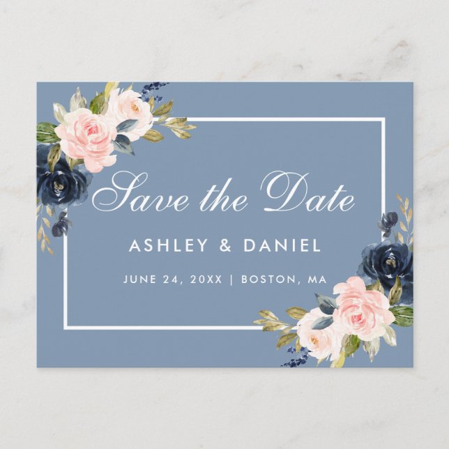 Dusty Blue and Pink Blush Floral Save the Date Announcement Postcard (Front)