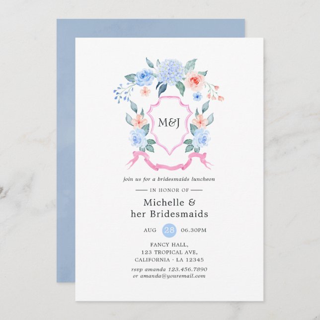 Dusty Blue and Pink Crest Bridesmaids Luncheon Invitation (Front/Back)